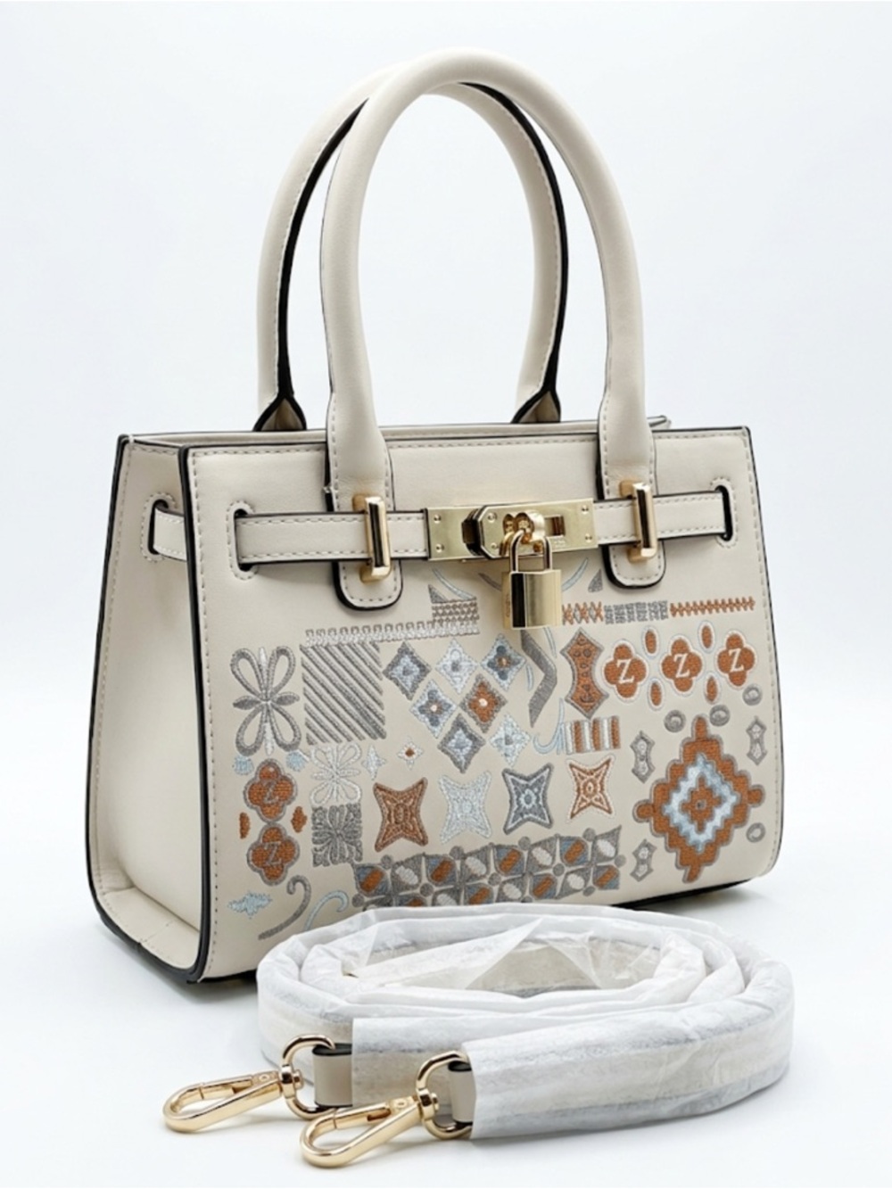 Cream Embroidered Top-Handle Crossbody Satchel with Gold Padlock